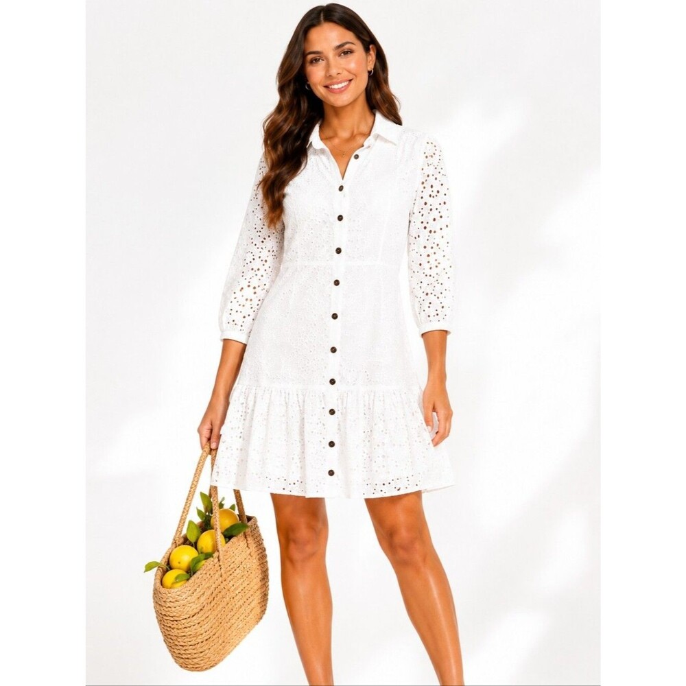 Zara Eyelet Broderie Anglaise Mini Shirt Dress Women White Cotton Size S Boho